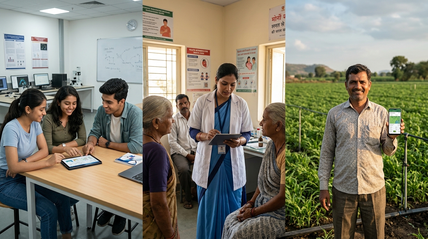 Real-world societal impact across Education, Rural Healthcare, and Precision Agriculture in India